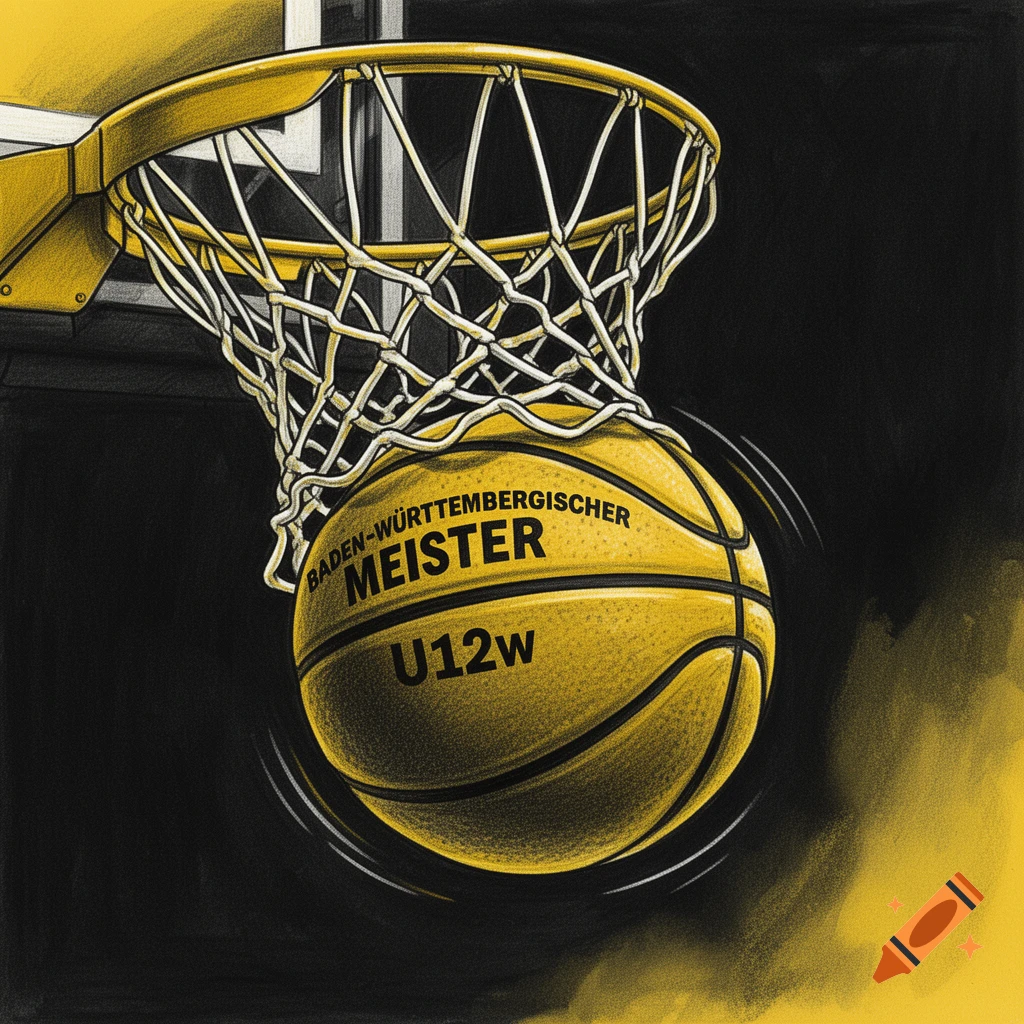 A stylized black and yellow illustration of a basketball with 'BADEN-WÜRTTEMBERGISCHER MEISTER U12w' written on it, falling through a hoop.