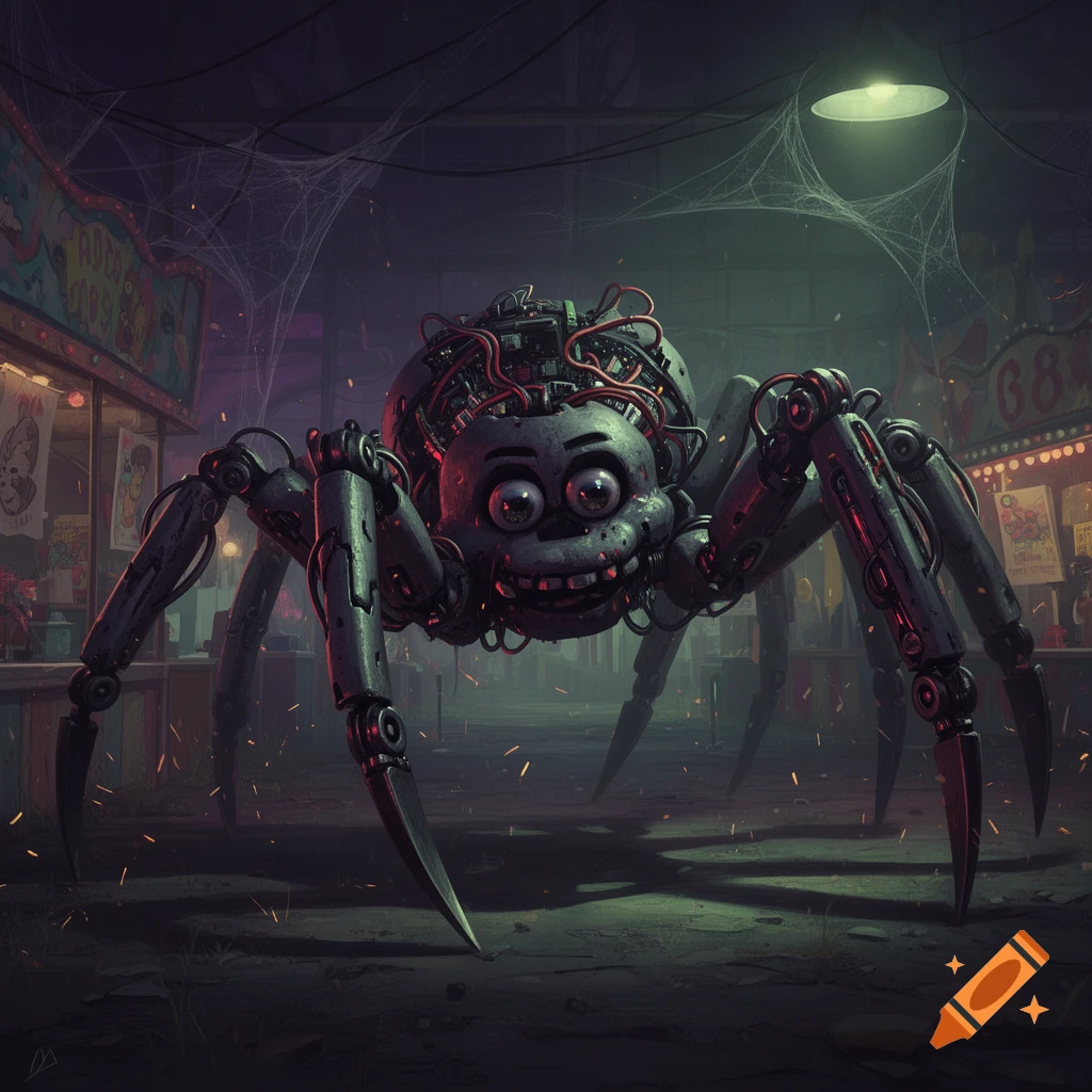 A large, menacing animatronic spider with glowing eyes and exposed wires stands in a dark, abandoned carnival alley at night, in a FNaF style.