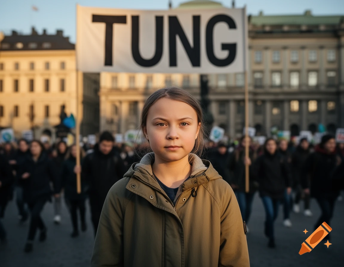 A serious-looking young person stands in the foreground of a blurred crowd and a banner displaying 'TUNG' during a photorealistic urban protest.
