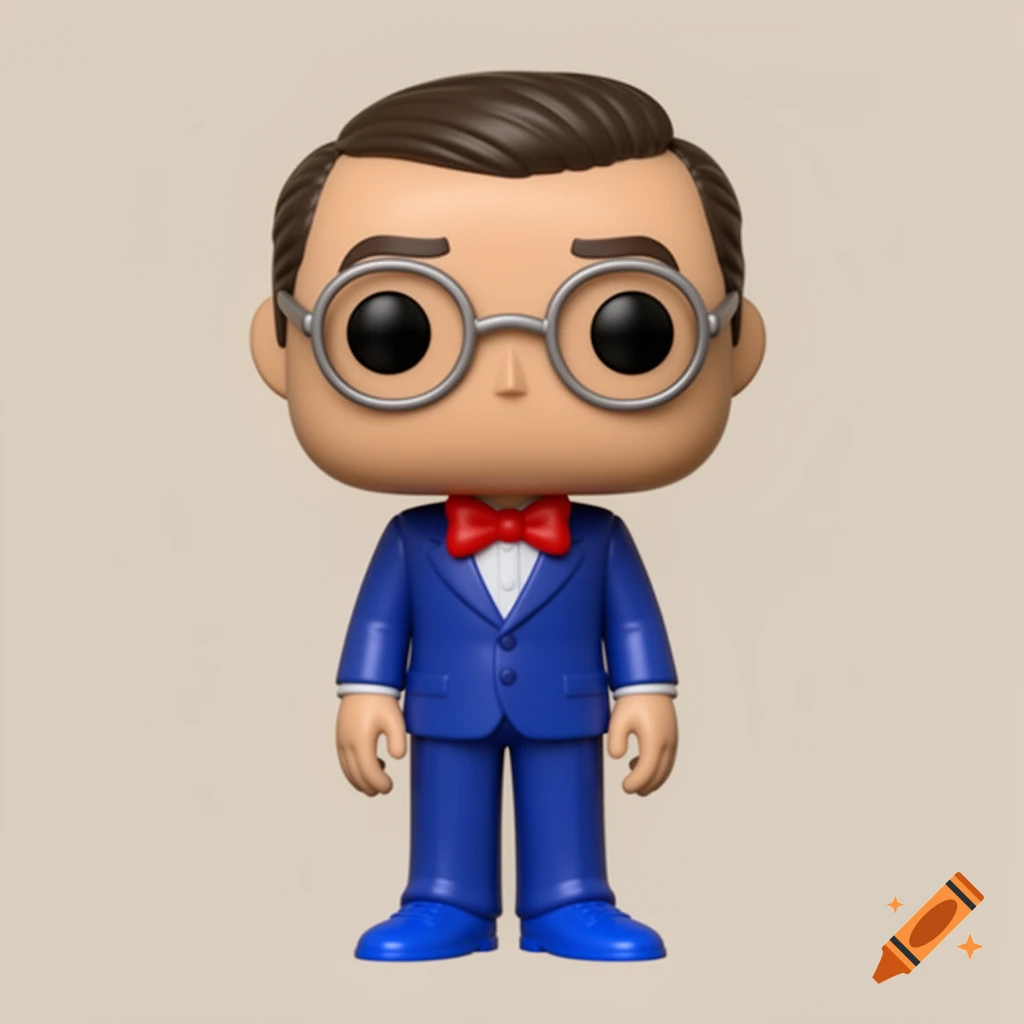 A Funko Pop figure of Norman Normal wearing a blue suit, red bowtie, and round glasses, standing against a plain background.