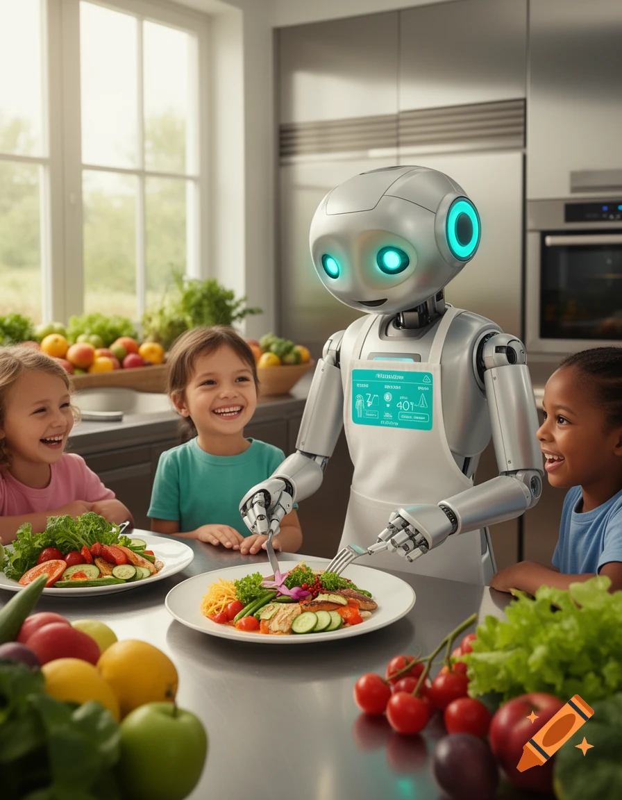 A friendly robot wearing an apron serves healthy food to three smiling children at a kitchen counter filled with fresh produce.