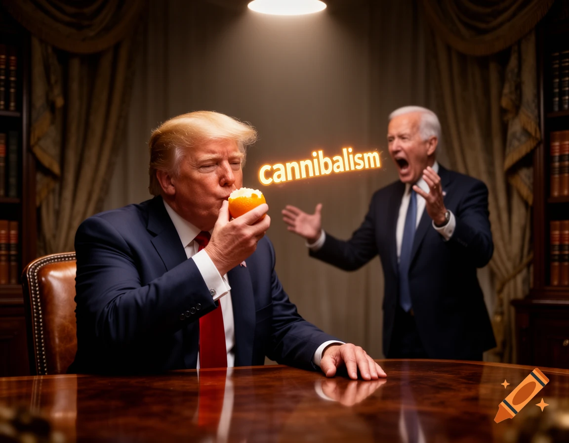Photorealistic image of Donald Trump eating an orange at a table, while a blurry Joe Biden shouts 'cannibalism' in an office.