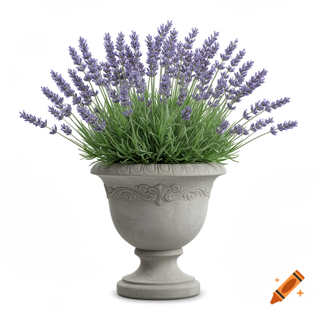 A stone urn planter filled with vibrant green lavender plants and purple flowers against a white background.
