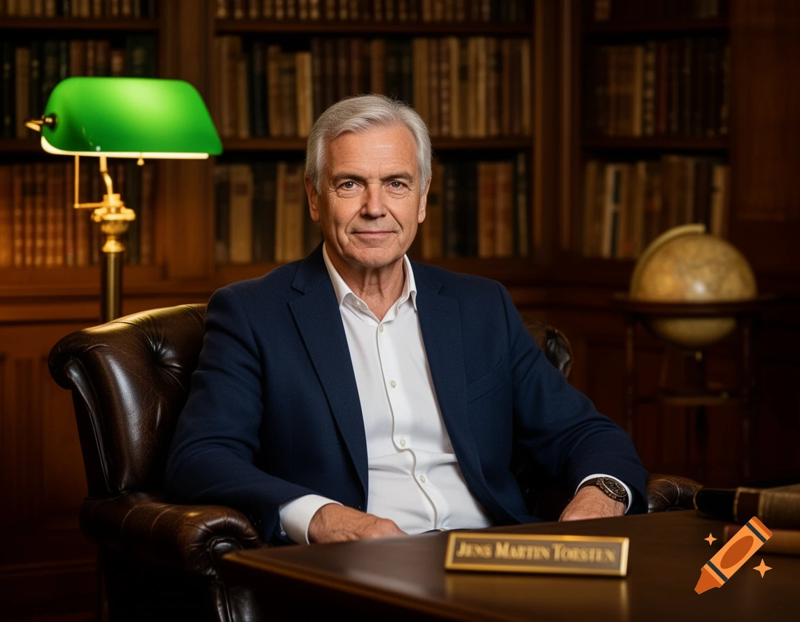 A photorealistic portrait of an older man in a navy suit and white shirt, sitting at a wooden desk in a library.