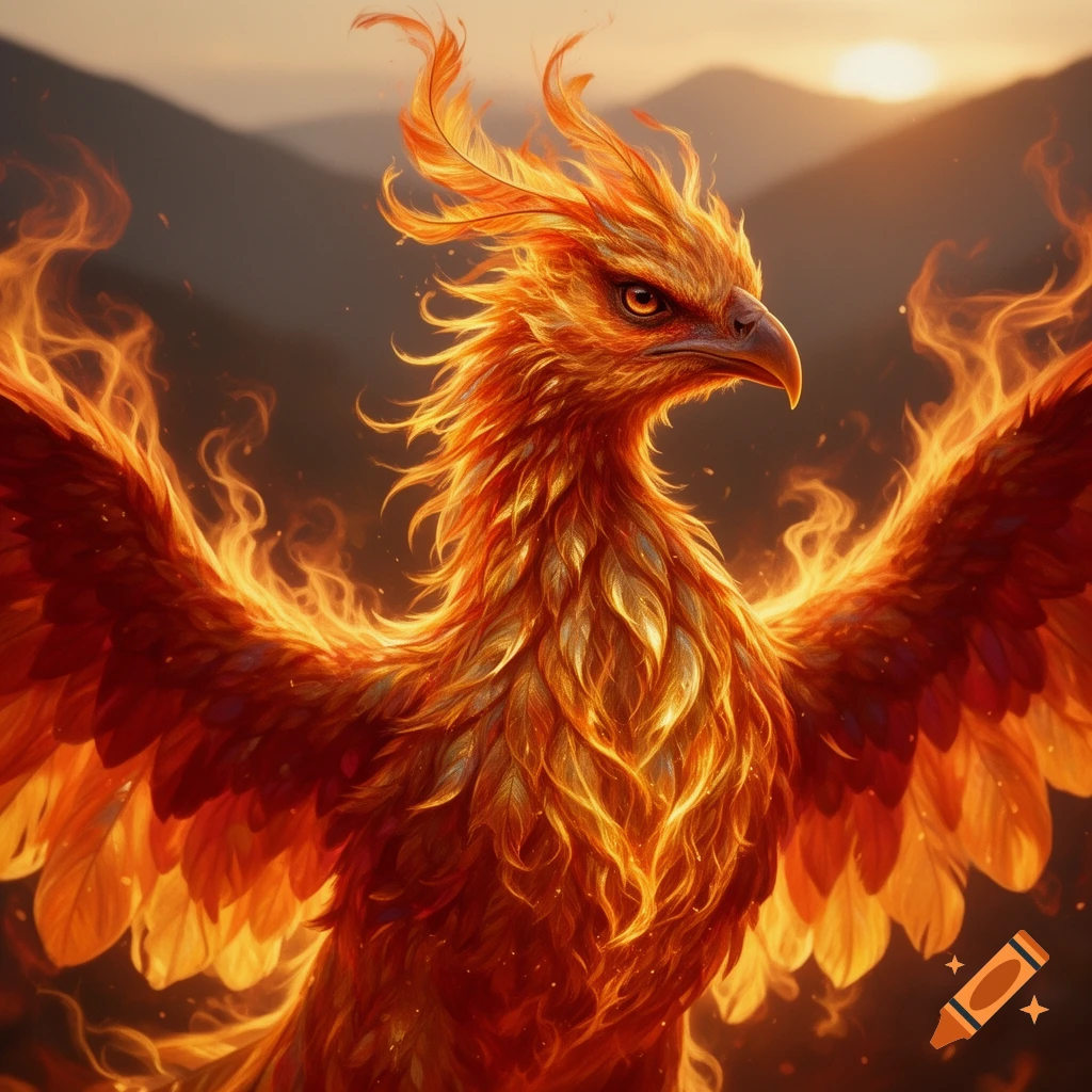 Close-up of a vibrant orange and red phoenix with fiery feathers, its wings spread against a sunset sky over mountains.