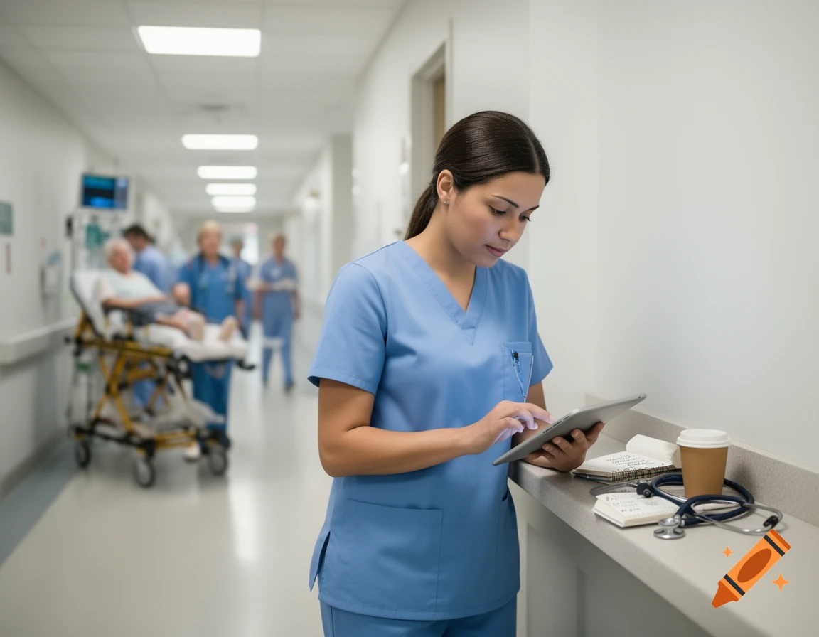A female nurse in blue scrubs stands in a hospital hallway, looking down at a tablet. A stethoscope and notes are on a counter next to her.