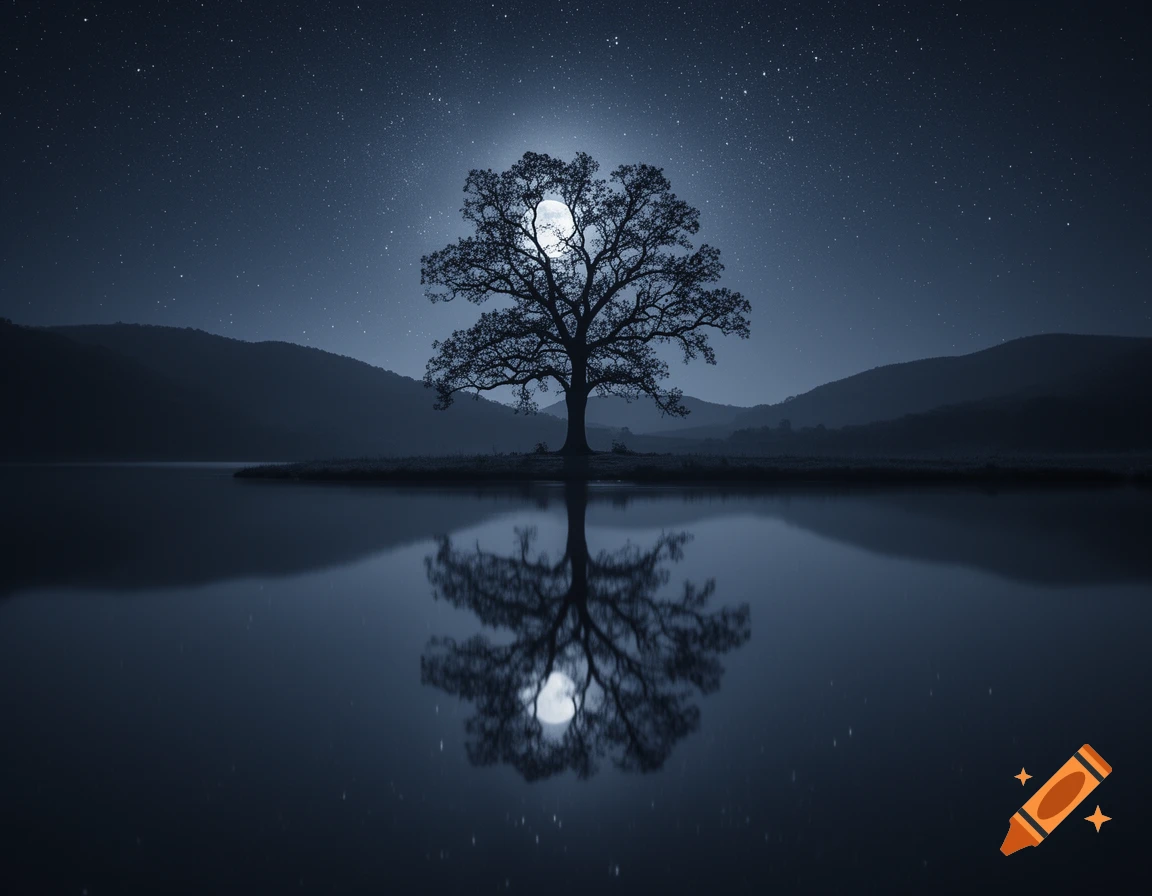 A majestic tree silhouetted against a full moon and starry night sky, perfectly reflected in a calm lake.