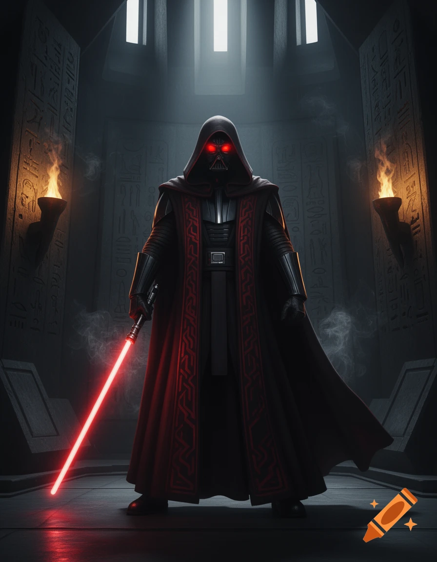 A hooded figure resembling Darth Vader with glowing red eyes holds a red lightsaber in a dark, torchlit chamber with ancient glyphs.