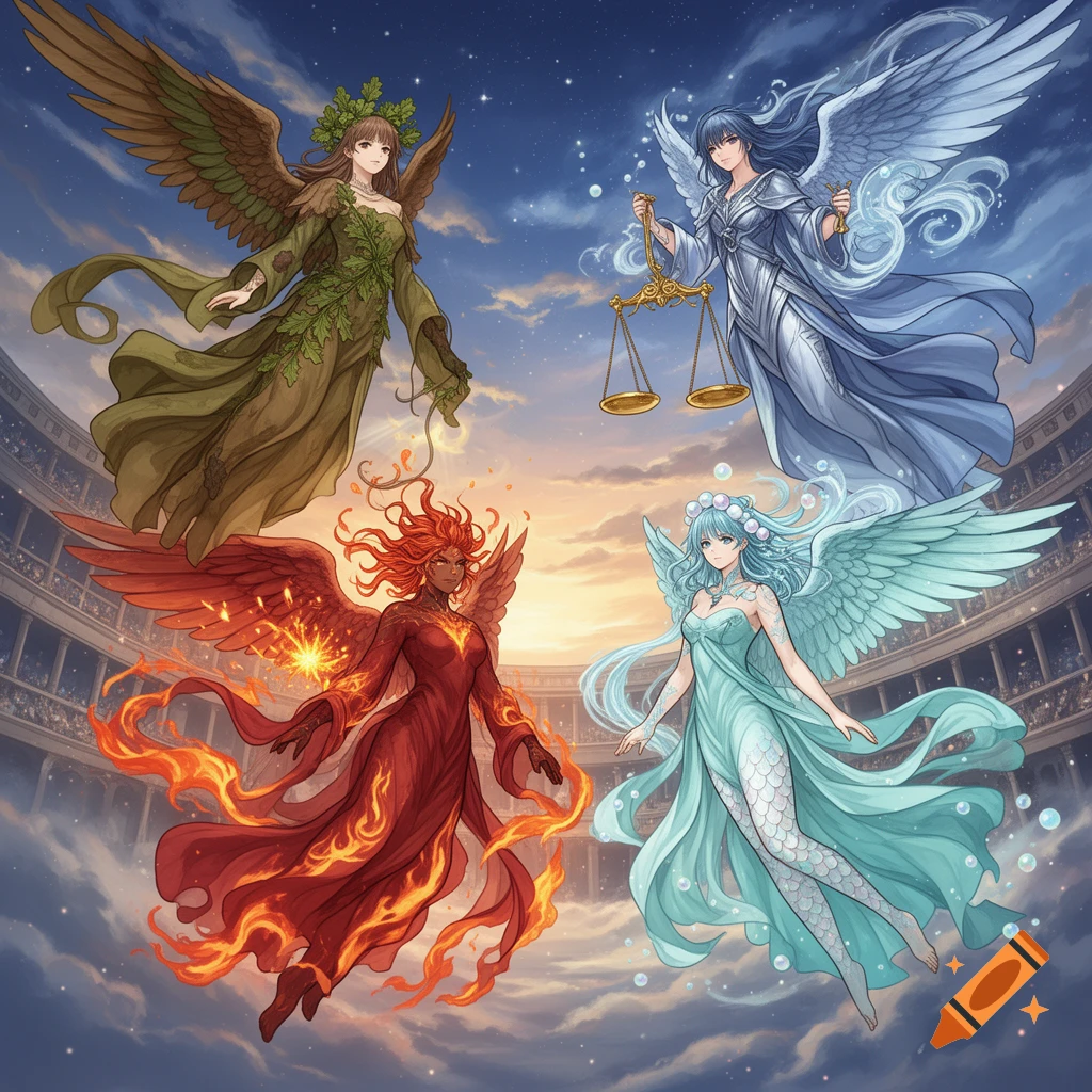 Four anime-style angels, representing earth, wind, fire, and water, float in a sky above a stadium.