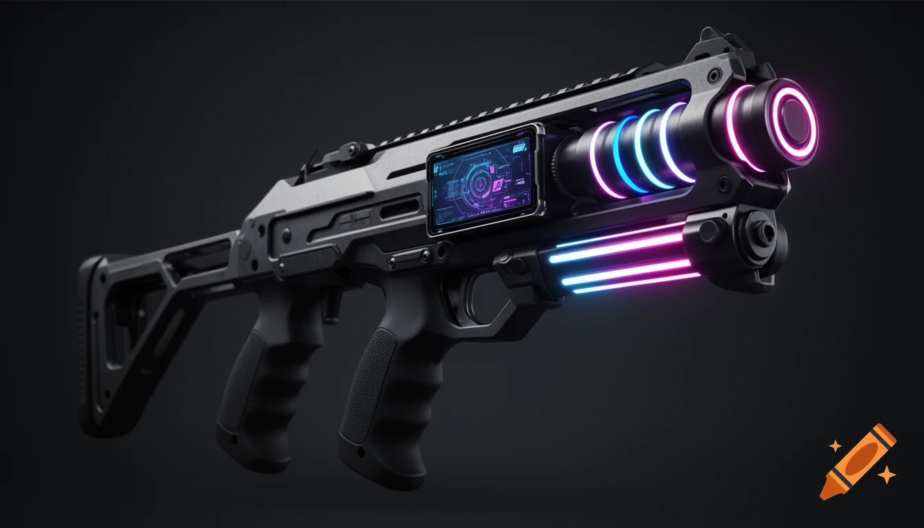 A high-end futuristic VR haptic blaster with a skeletonized carbine shape, matte black finish, and rubber grips. It features a small OLED screen displaying abstract data and glowing neon LED strips along the barrel in blue and pink. Photorealistic.
