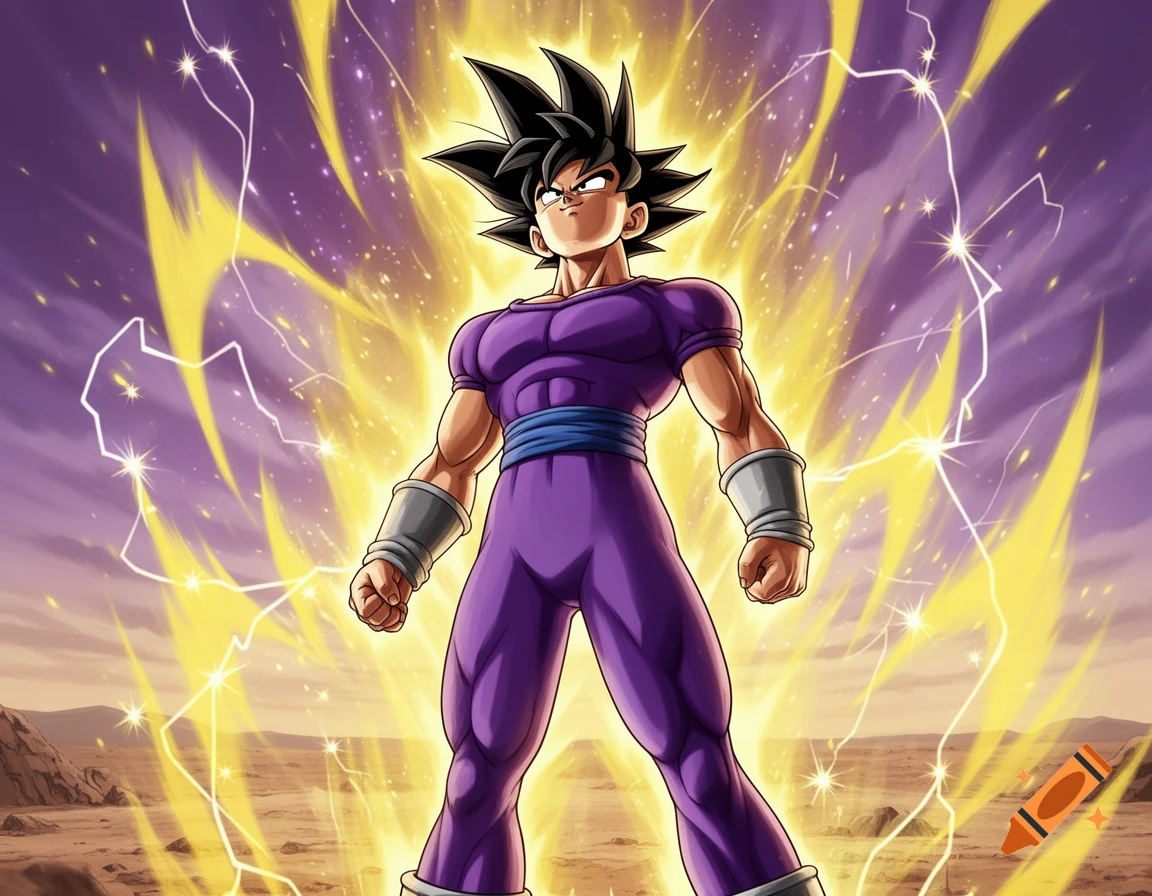 A muscular anime character with spiky black hair and a purple outfit stands radiating golden energy and lightning in a desert landscape.