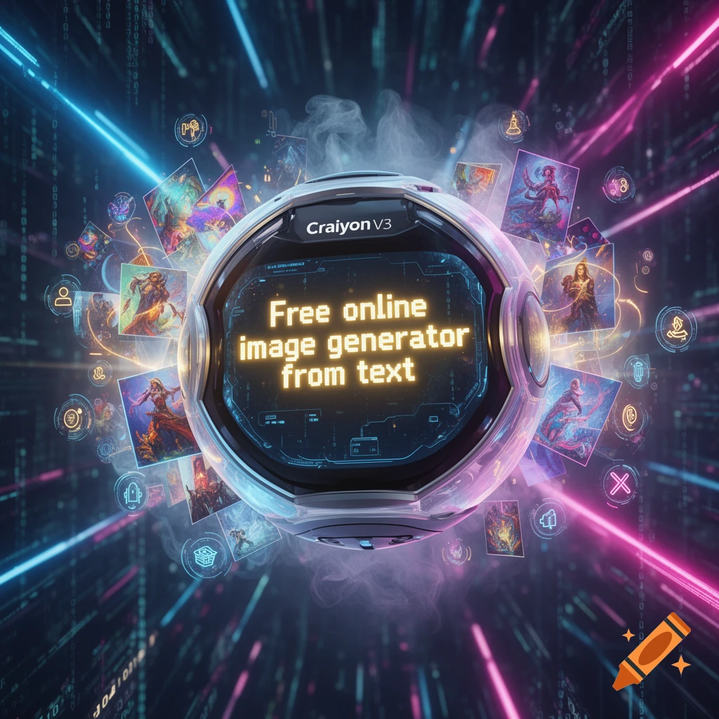 A glowing futuristic orb displays "Free online image generator from text" with surrounding fantasy art and digital data streams.