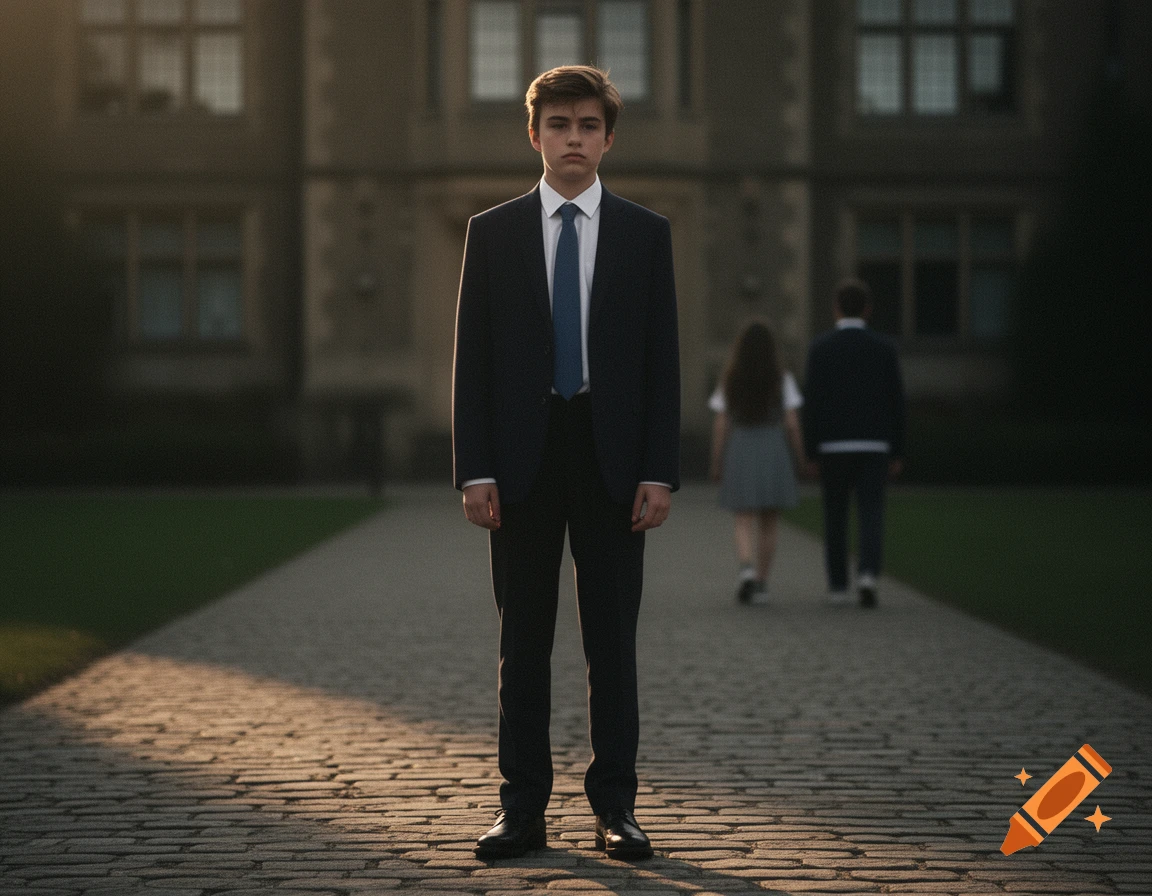 A well-dressed high school boy in a suit and tie stands on a cobblestone path in front of a blurred school at dusk.