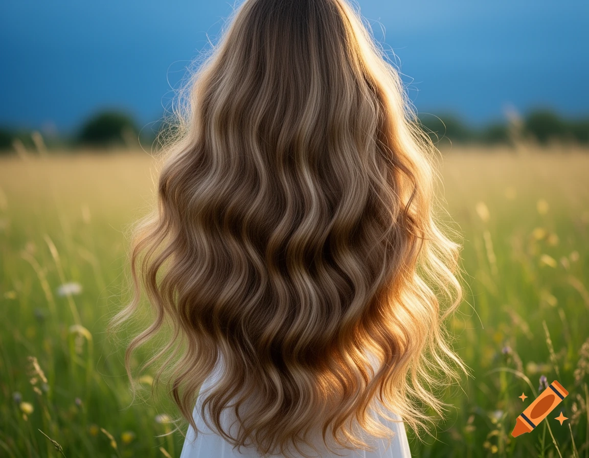 Back view of a person with long, wavy blonde and brown hair in a sunny field.