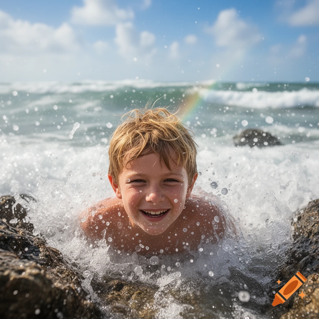 Smiling boy with blonde hair in a vibrant ocean, water splashing around him under a blue sky, with a subtle rainbow.