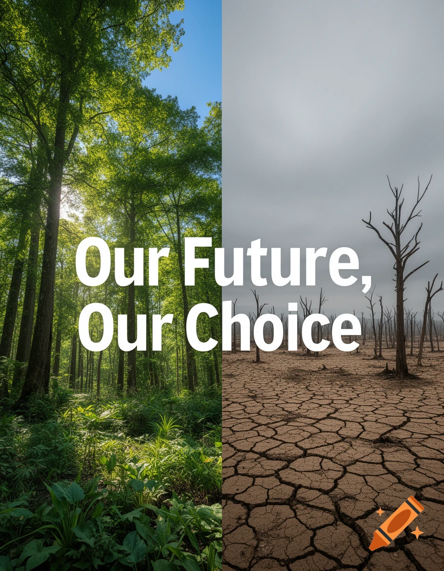 A split image showing a vibrant green forest on one side and a dry, cracked desert with dead trees on the other, with text "Our Future, Our Choice".