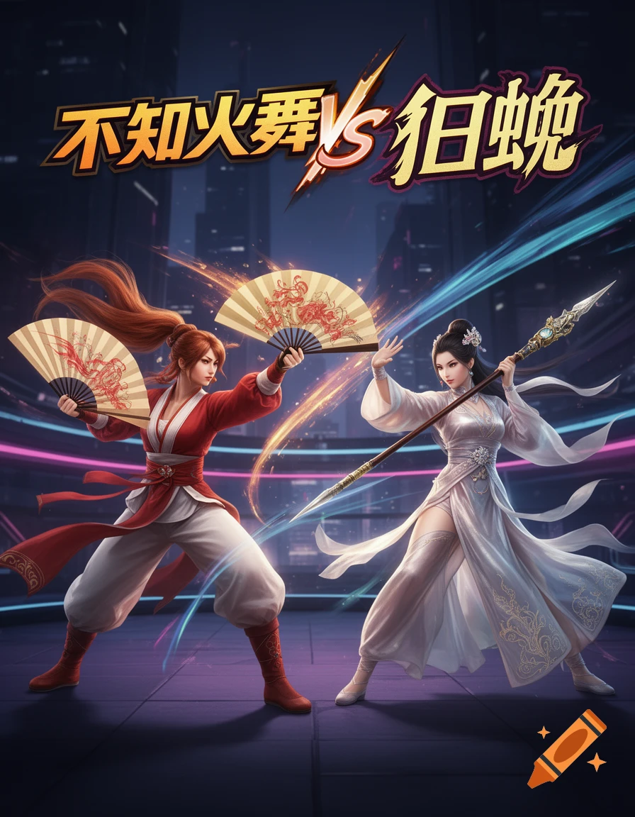 A vibrant game poster depicting two female warriors, Shiranui Mai and Diao Chan, in a fighting stance with neon lights and a city background.