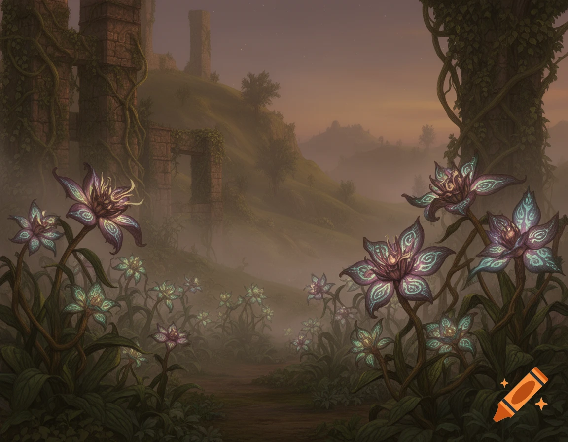 Concept art of glowing fantasy flowers and overgrown ancient ruins in a misty, magical landscape.