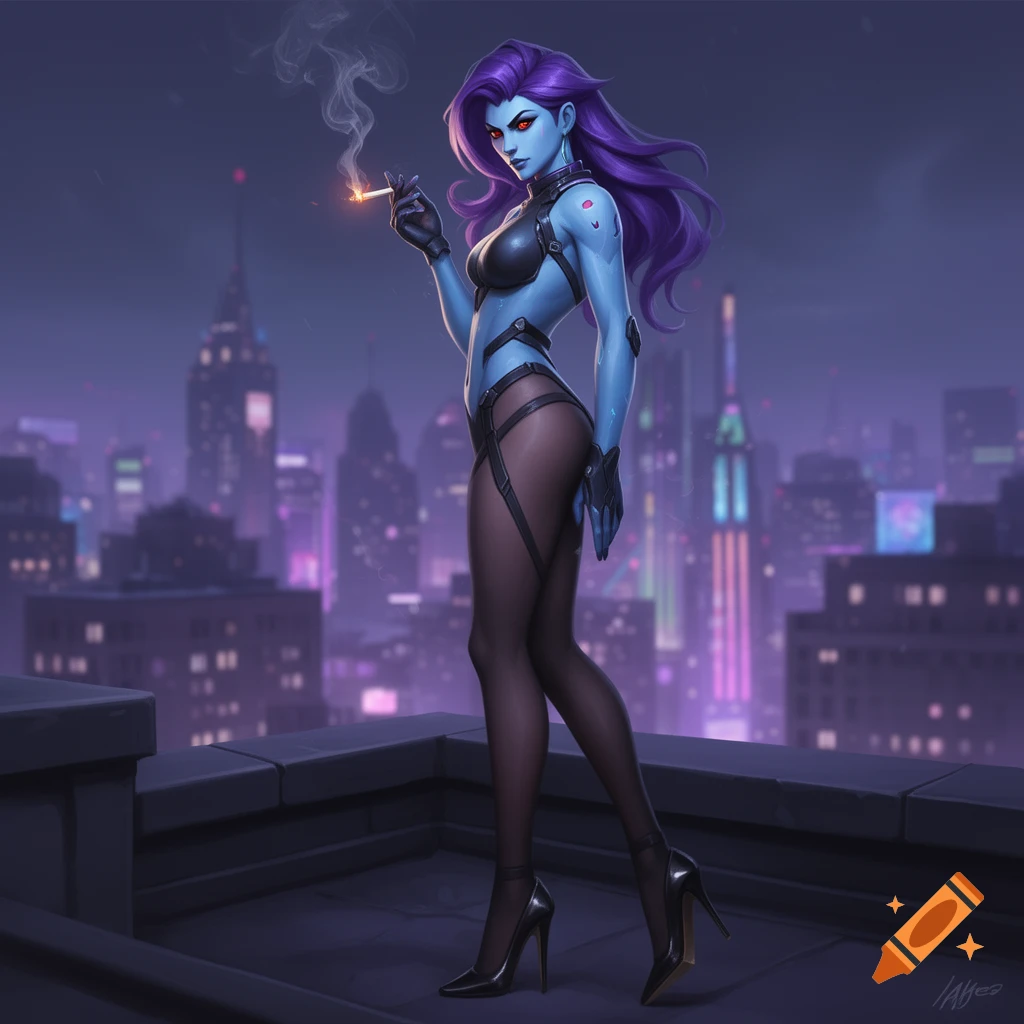 Widowmaker with purple hair and blue skin stands on a dark city rooftop at night, smoking a cigarette, wearing a black lingerie-like outfit and high heels.