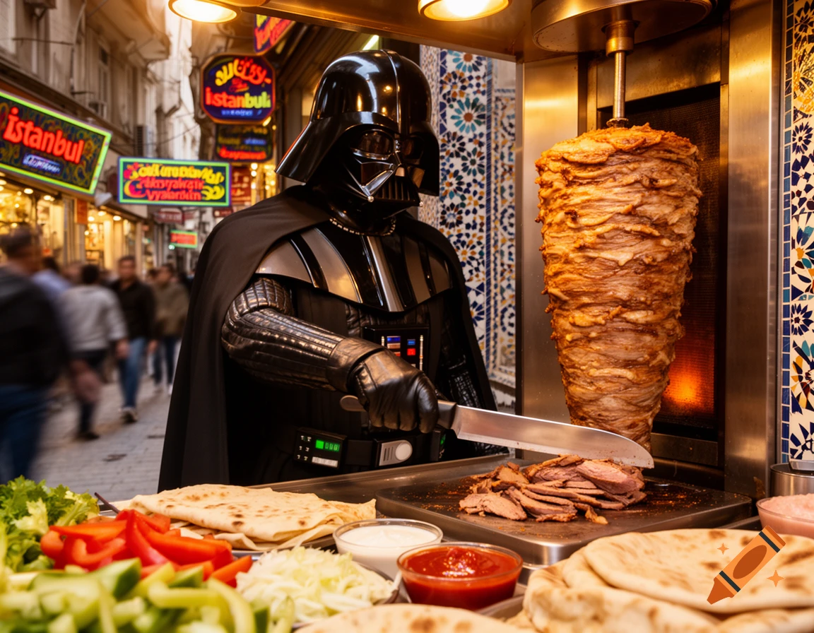 Darth Vader, dressed in full costume, slices meat from a large vertical doner kebab spit at a street food stall in a bustling Istanbul alleyway. Fresh vegetables and pita bread are displayed in front.