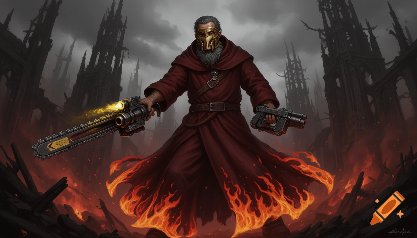 A grimdark Warhammer 40k religious fanatic in a bronze mask and red robes with flame motifs, holding a chainsaw-sword and a pistol in a ruined gothic warzone filled with fire.