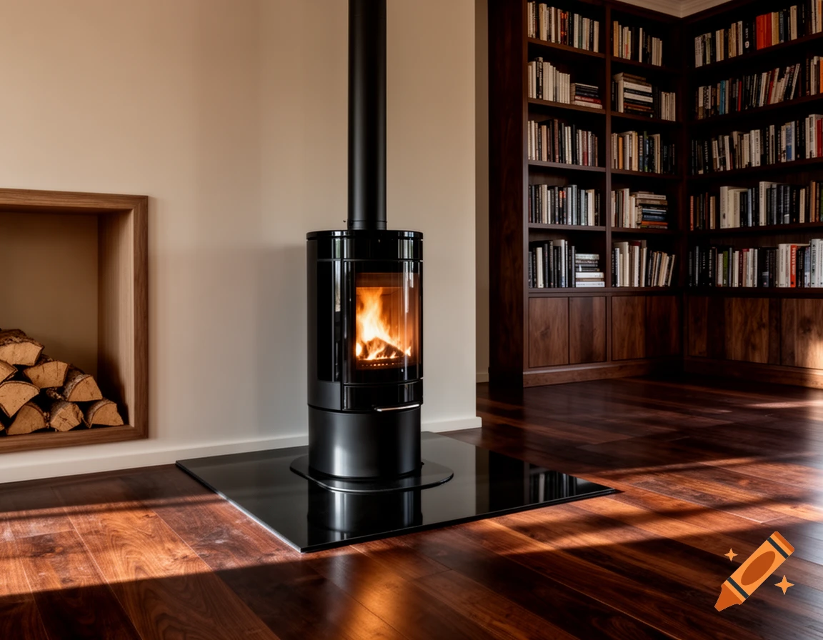 A modern black wood-burning stove in a living room with dark wood floors, a log storage niche, and a large built-in bookshelf.