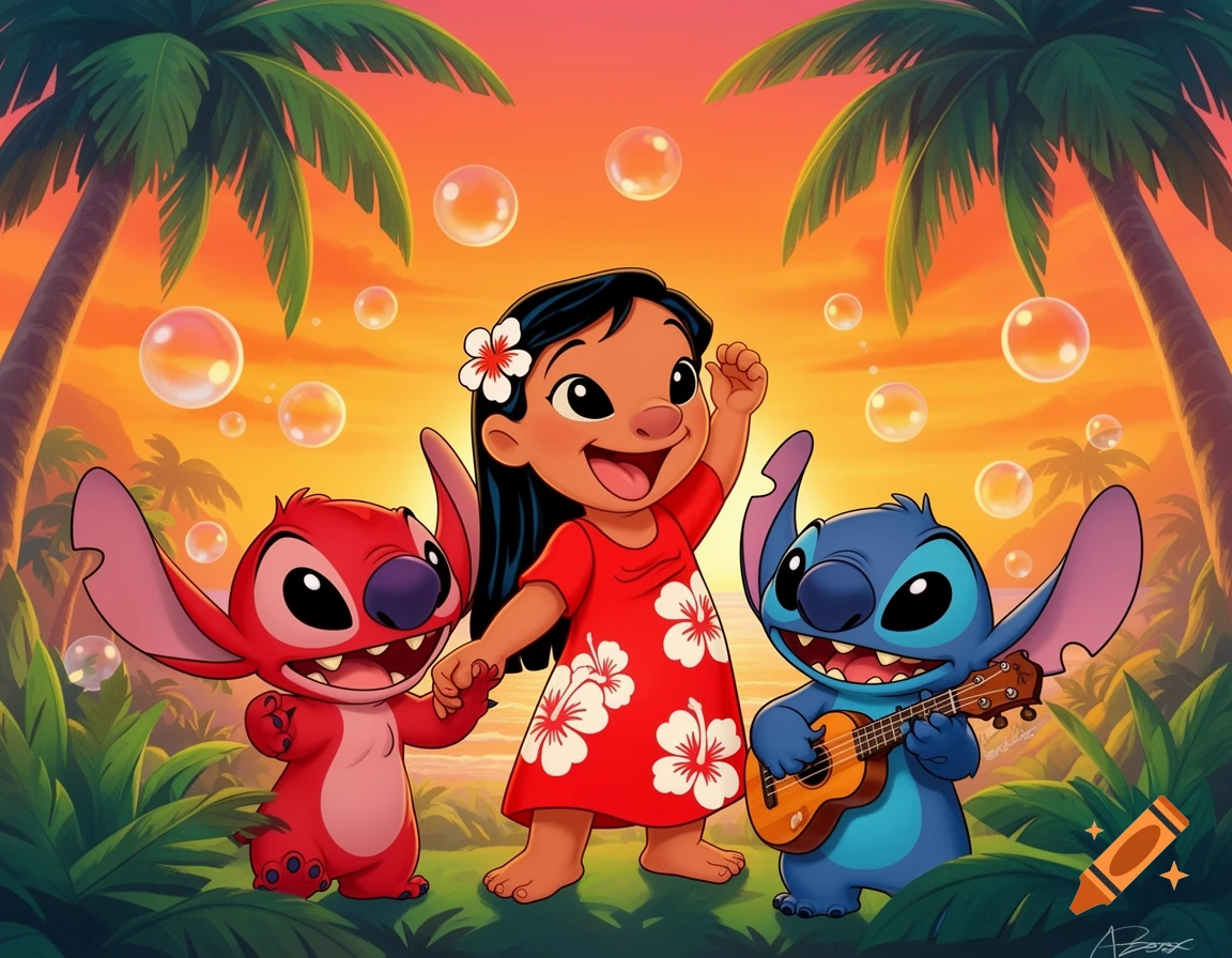 Cartoon of Lilo, Leroy, and Stitch on a tropical beach at sunset with bubbles. Lilo holds Leroy's hand, and Stitch plays a ukulele.
