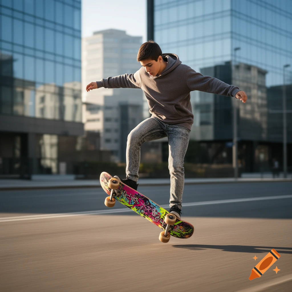 Young person balancing on a skateboard in motion on an urban street with modern buildings in the background.