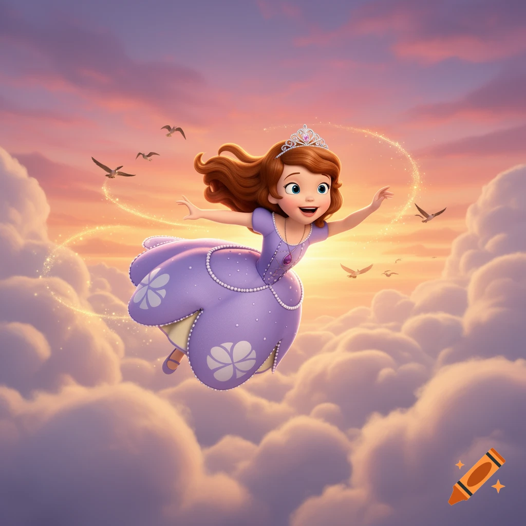 Cartoon princess Sofia the First flies joyfully through a vibrant sunset sky filled with fluffy clouds and birds, leaving a sparkling trail.