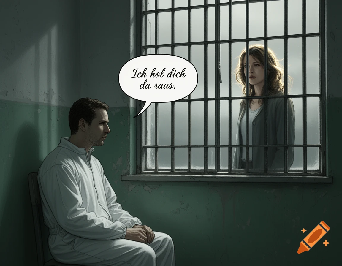 A man in a white jumpsuit sits in an asylum cell, looking at a woman through bars who says "I'll get you out of there" in a speech bubble. Illustrated.