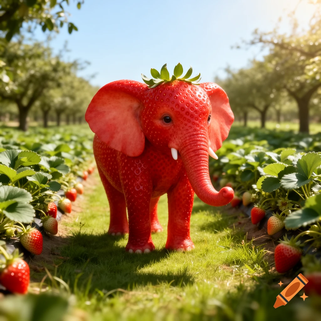 A photorealistic red strawberry elephant with green leaves on its head stands in a sunny strawberry field.