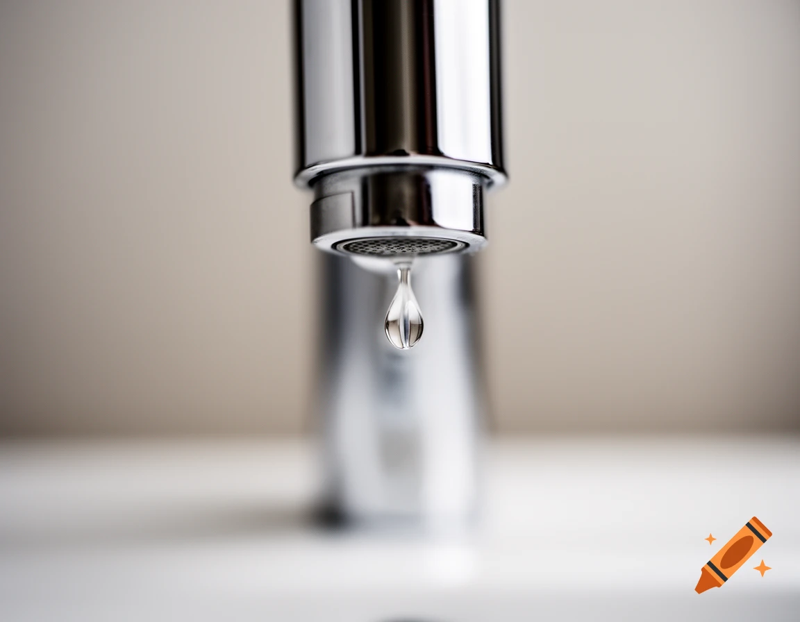 Close-up of a shiny chrome faucet with a single clear water drop hanging from the spout, photorealistic.