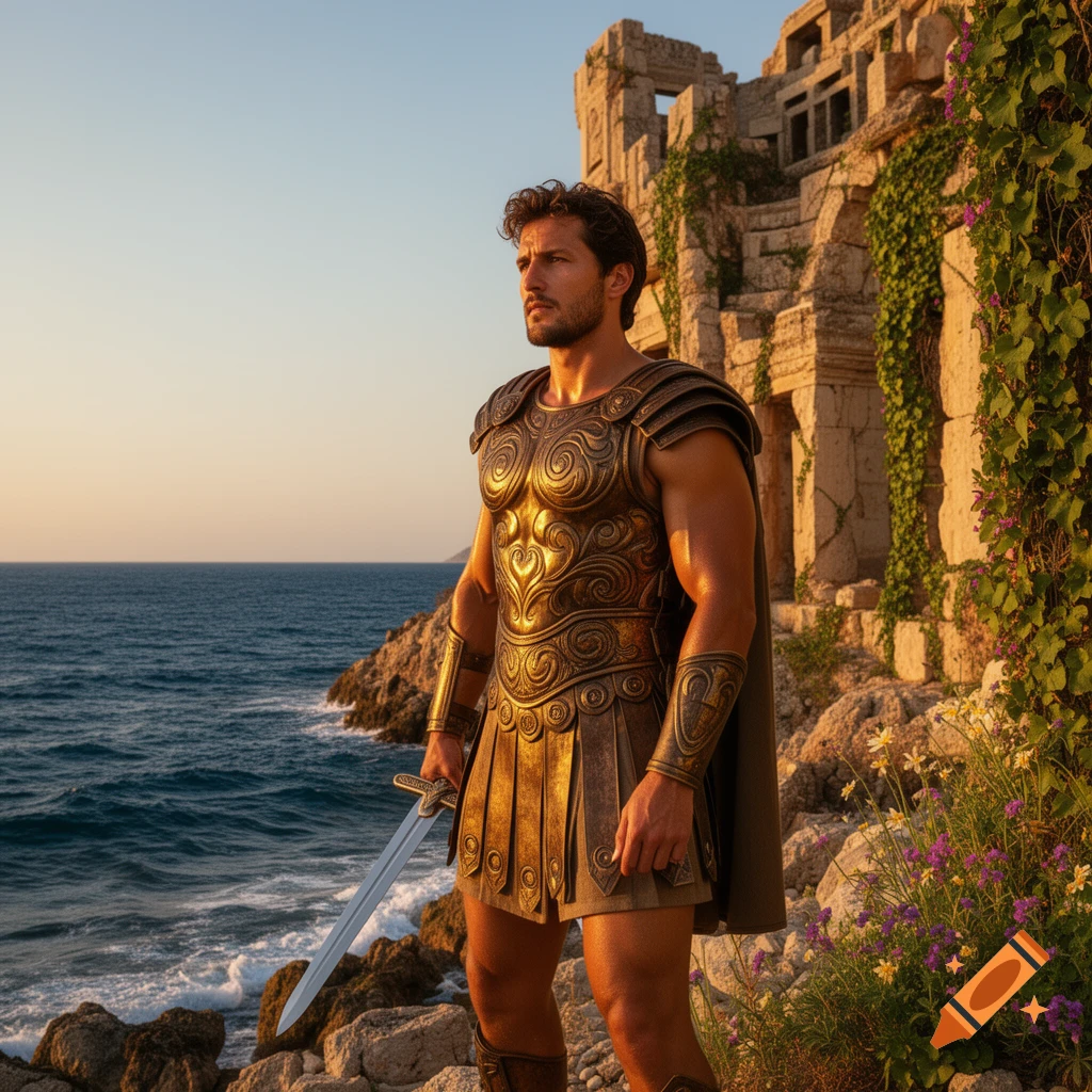A man in golden ancient armor holding a sword stands on rocky cliffs by the sea with ruins in the background at sunset, photorealistic.