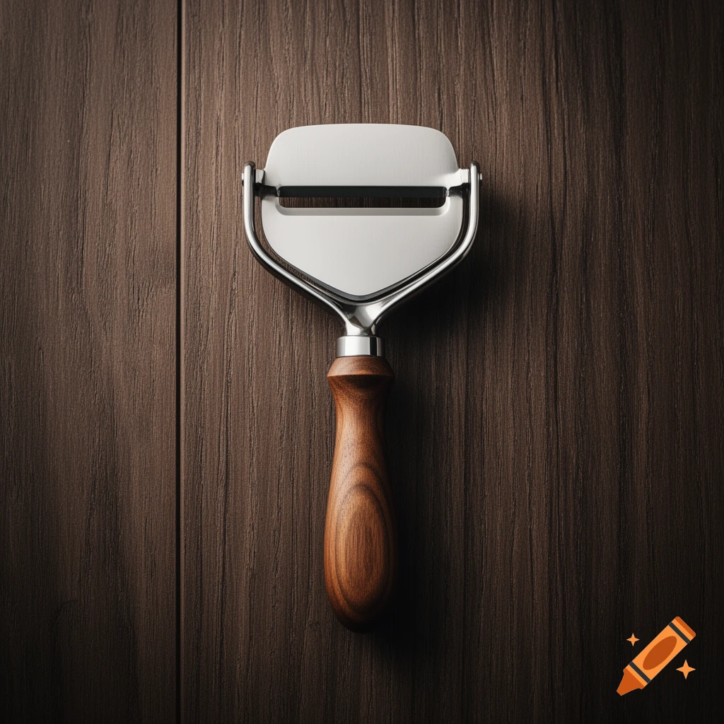 Shiny metal cheese slicer with a polished wooden handle, viewed from above on a dark wood surface.