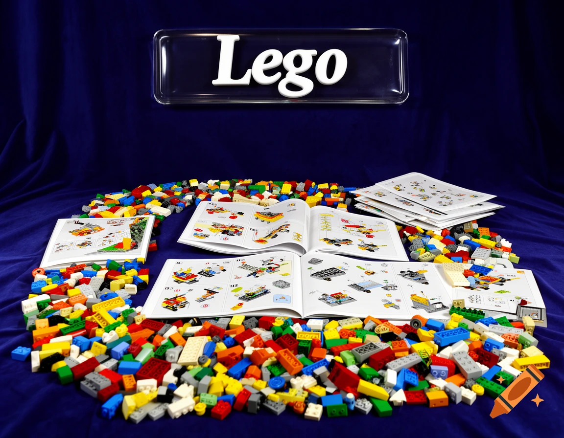 A large pile of colorful Lego bricks scattered around open instruction manuals, with a prominent 'Lego' sign above, all on a dark blue fabric background.