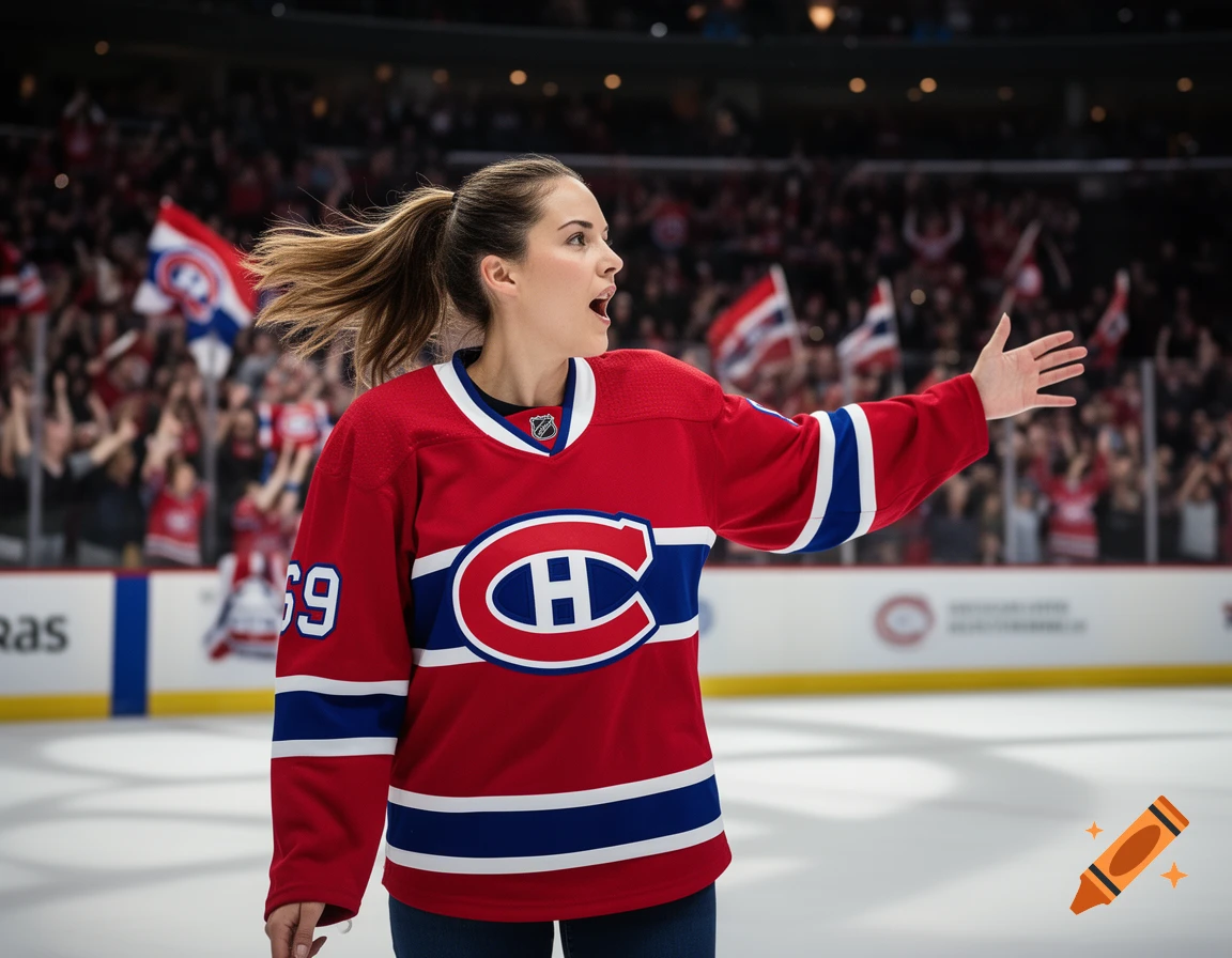 A woman in a red Montreal Canadiens hockey jersey with the number 69 stands on an ice rink, arms open, looking towards a cheering crowd in a stadium.