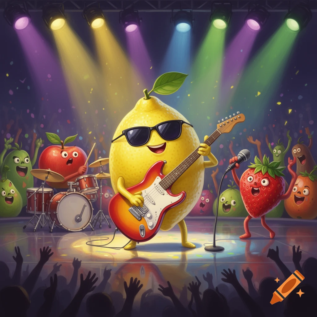 A cartoon lemon with sunglasses plays electric guitar on stage with a strawberry singing, an apple playing drums, and other fruit characters in a rock band.
