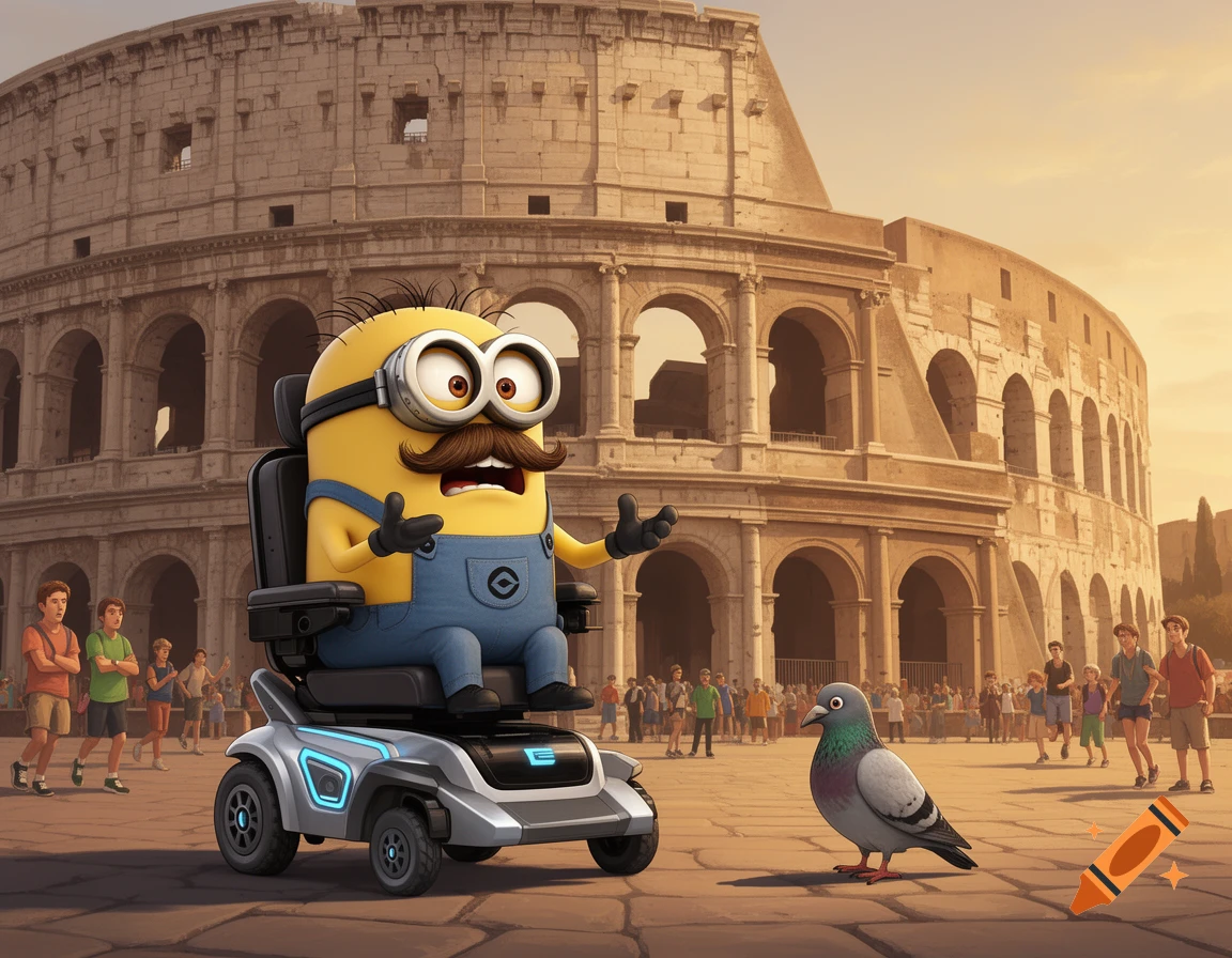 An angry Minion with a mustache sits in a futuristic electronic wheelchair in front of the Colosseum, staring at a pigeon on the ground.