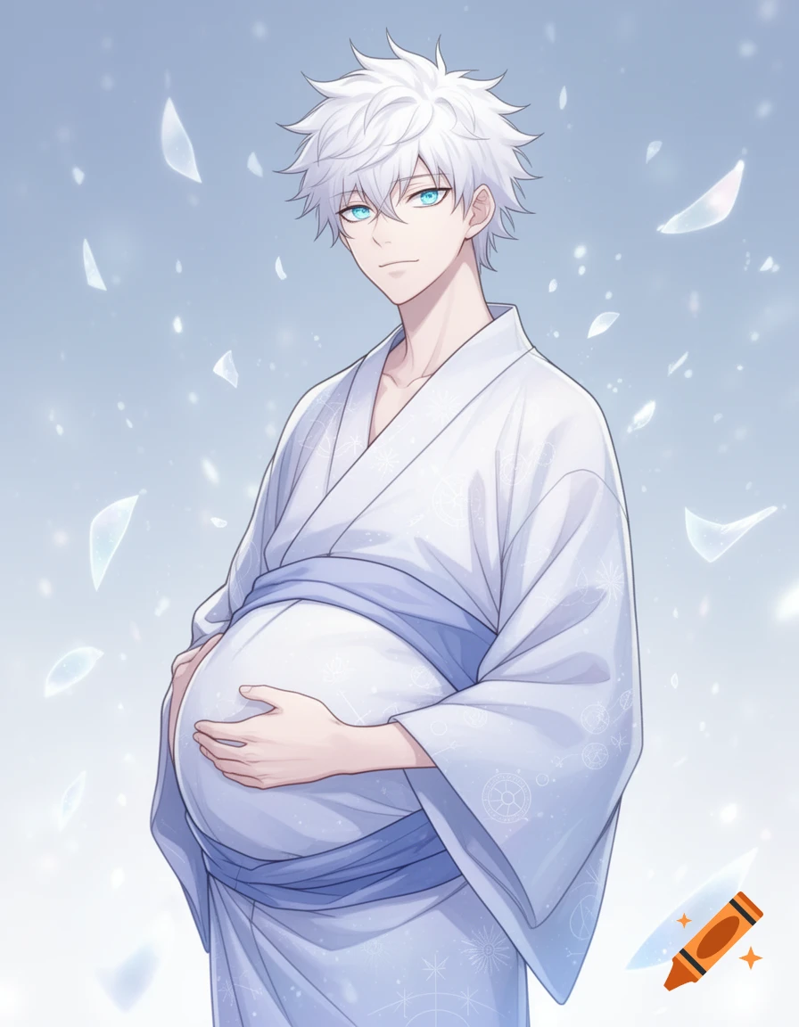 A pregnant male character with white hair and blue eyes, wearing a white and light blue kimono, surrounded by floating translucent shards. Anime style.