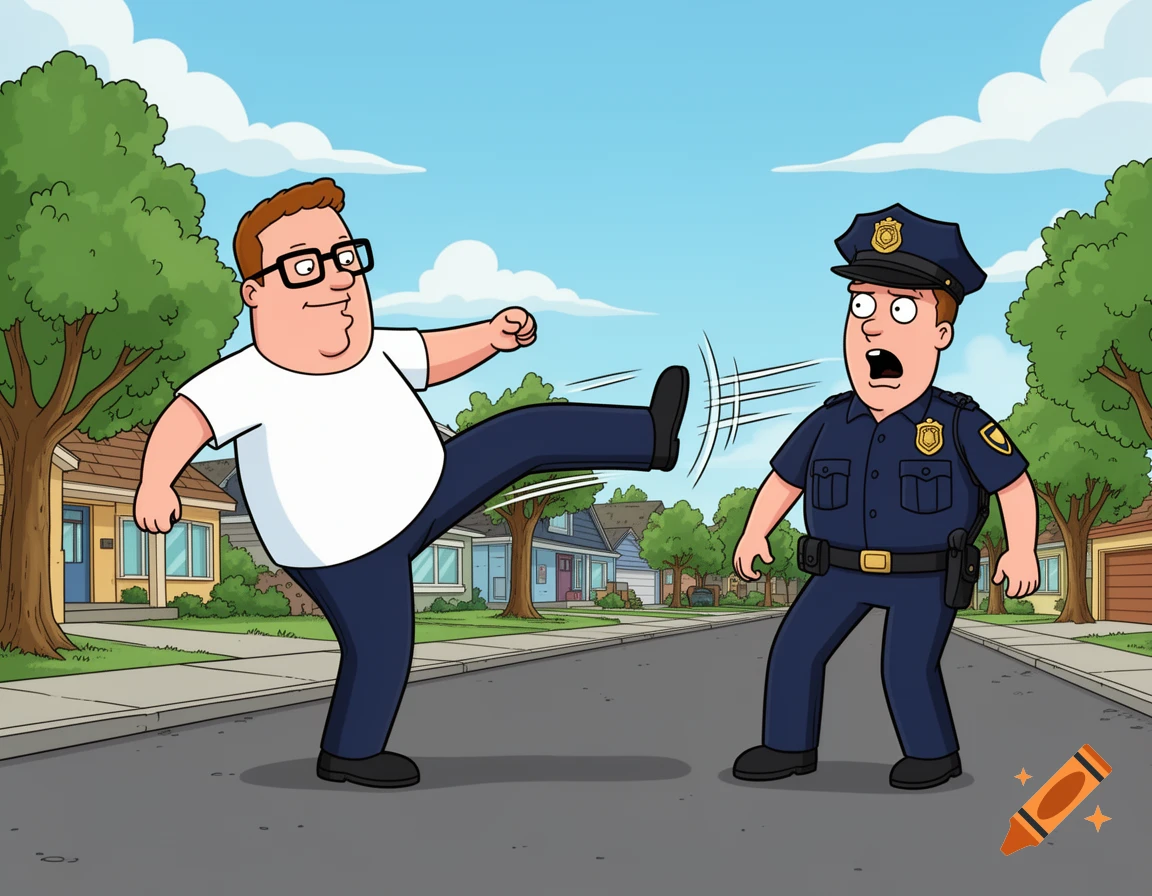 A cartoon man in glasses and a white shirt kicks a surprised police officer on a suburban street.