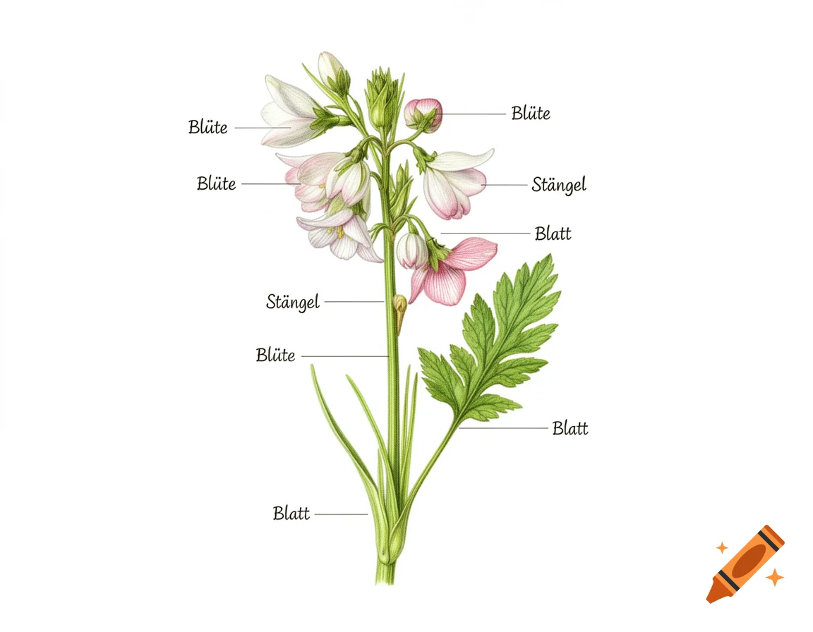 A detailed botanical illustration of a flowering plant with pink and white blossoms, a green stem, and leaves, labeled in German as 'Blüte', 'Stängel', and 'Blatt'.