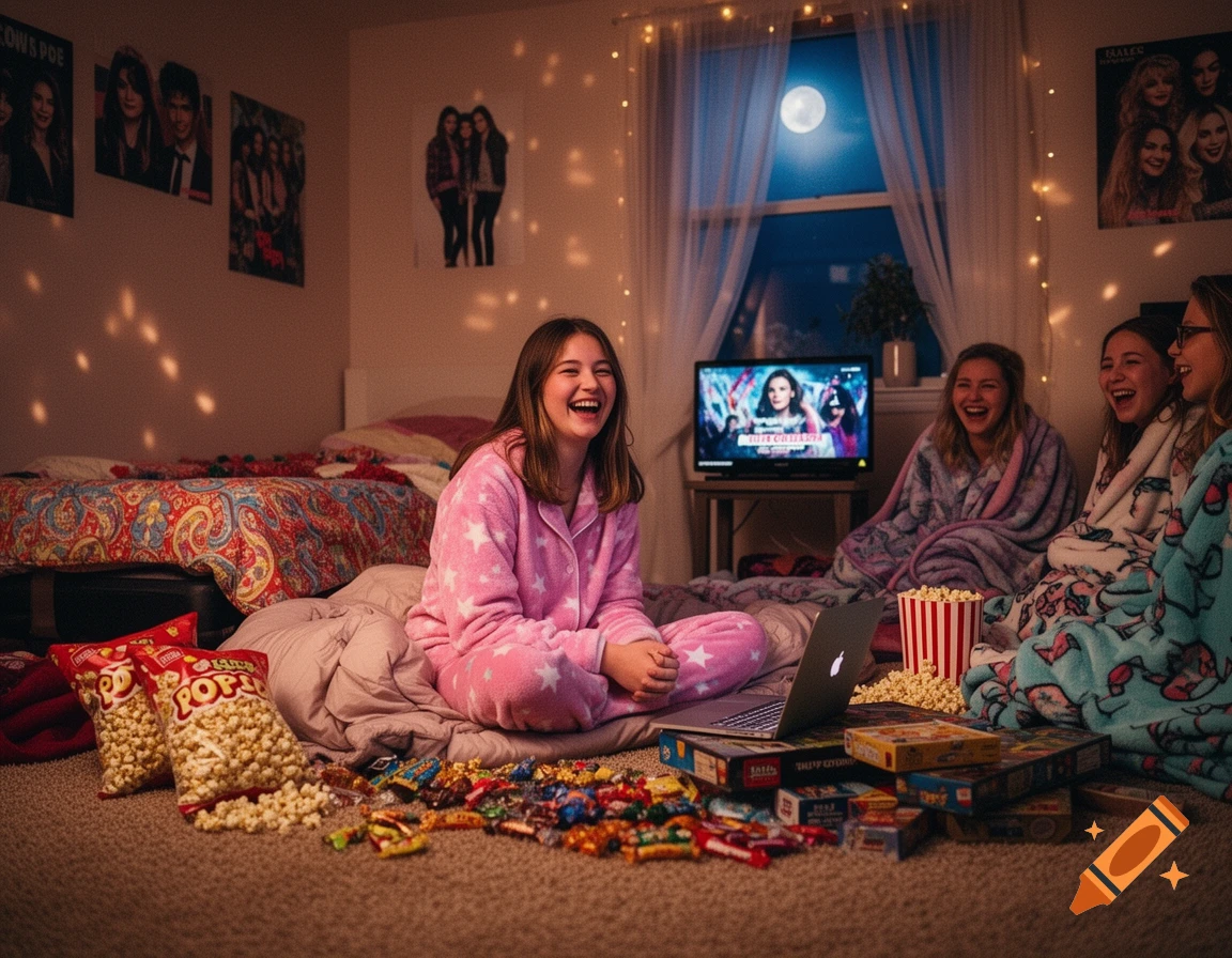 Four girls in pajamas laugh during a sleepover, surrounded by popcorn, candy, and board games, watching TV in a cozy bedroom at night.