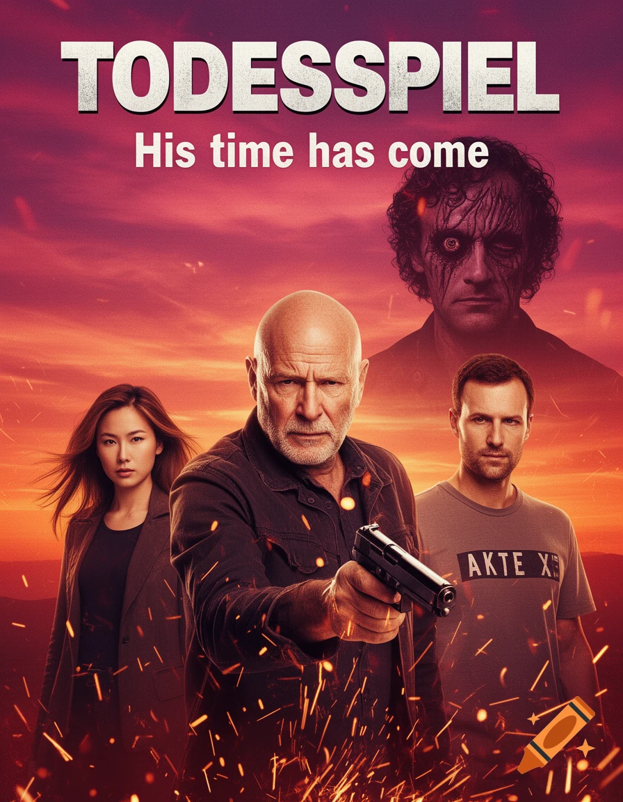 A dramatic movie poster featuring a bald man with a pistol, a woman, and another man with an "AKTE X" t-shirt against a fiery sunset background. A scarred, one-eyed man looms in the background.