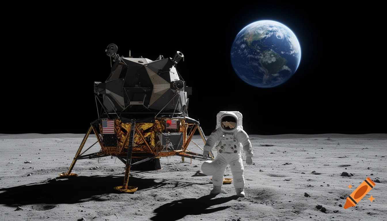Photorealistic image of an astronaut standing next to a lunar module on the moon's surface with Earth visible in the black sky.