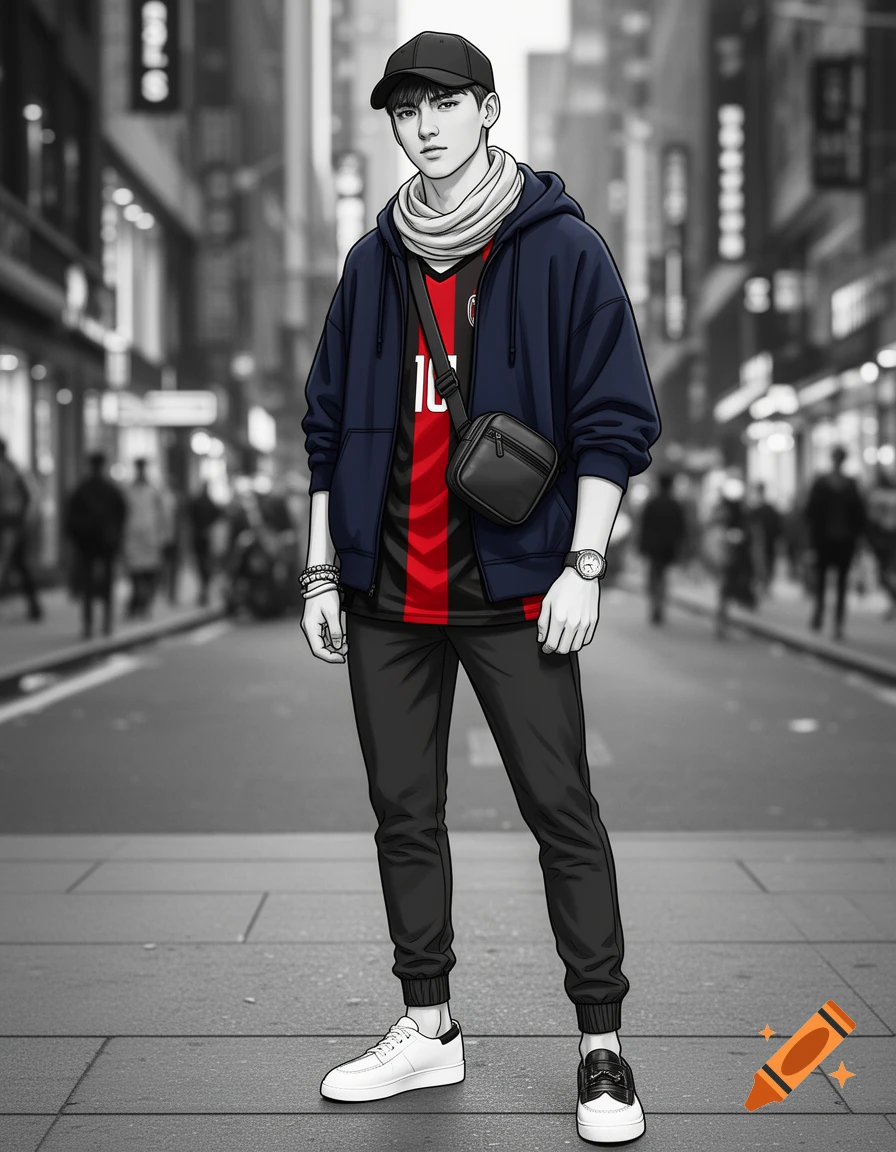 A stylish young man in a cap, scarf, navy hoodie, red and black jersey with '10', black pants, and mismatched shoes, stands on a city street in a fashion illustration style.