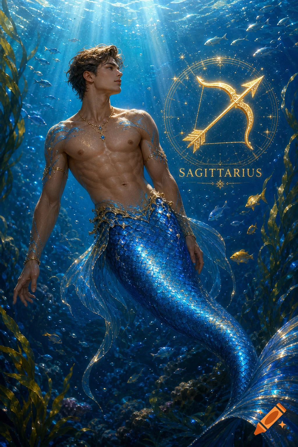 Muscular merman with blue glittering tail and gold jewelry swims underwater. A golden Sagittarius zodiac symbol floats above him.
