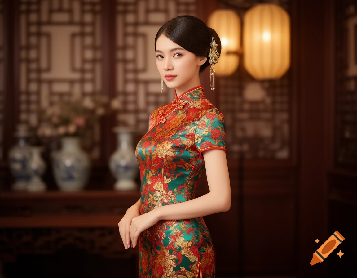 Photorealistic portrait of a young East Asian woman in a red and green floral cheongsam, posing in a traditional interior.