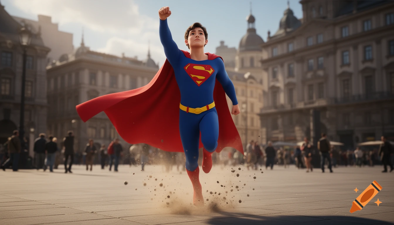 Animated young superhero in a blue and red suit taking off from a city square, dust kicking up.