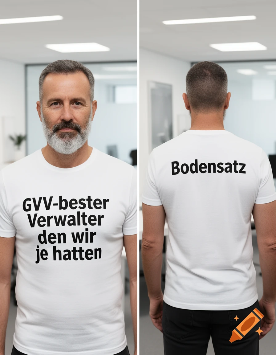 Front and back view of a man in a white t-shirt in an office. The front says 'GVV-bester Verwalter den wir je hatten', the back says 'Bodensatz'.