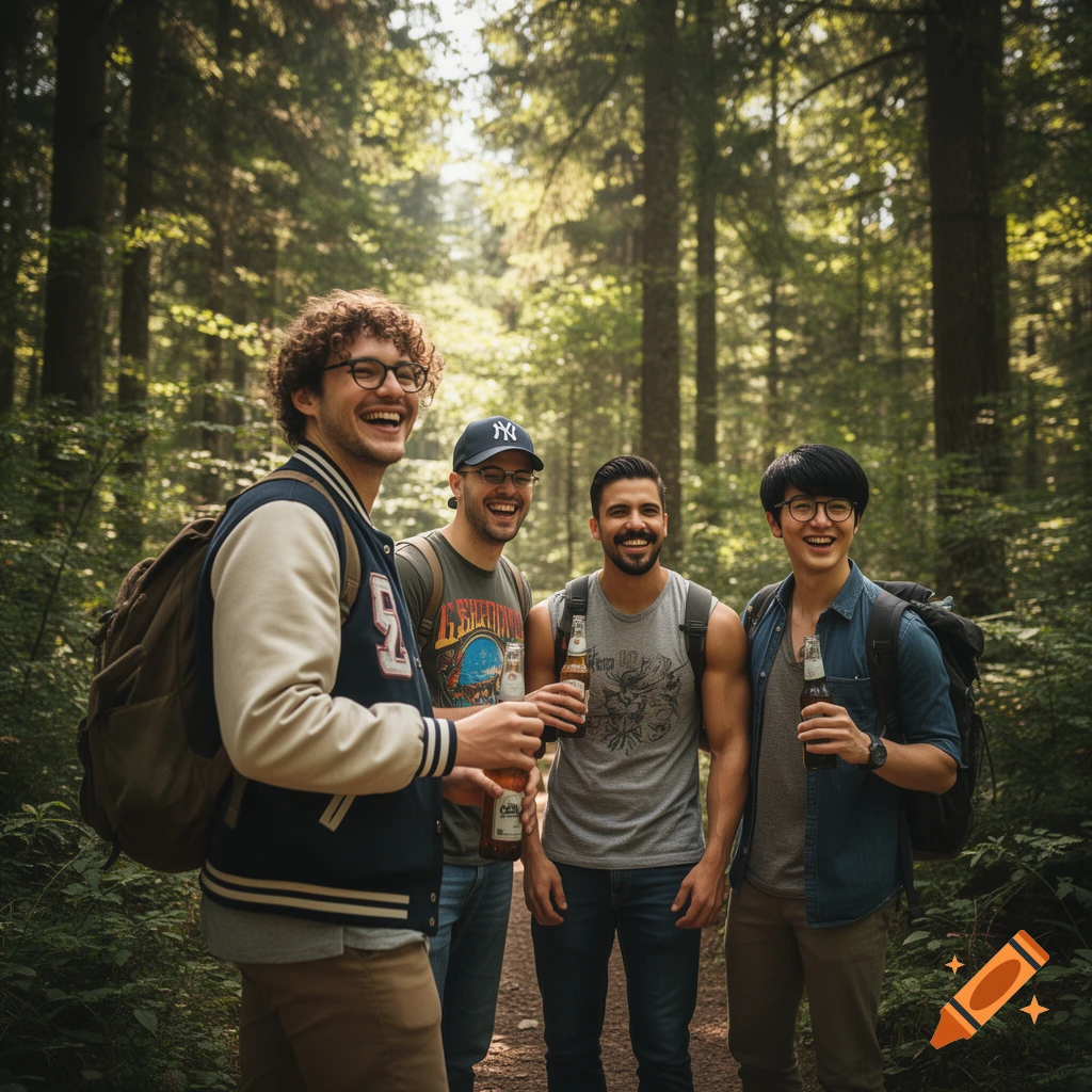 Four smiling men with backpacks on a forest path, holding beer bottles. The man on the left wears a college jacket, the second a NY cap.